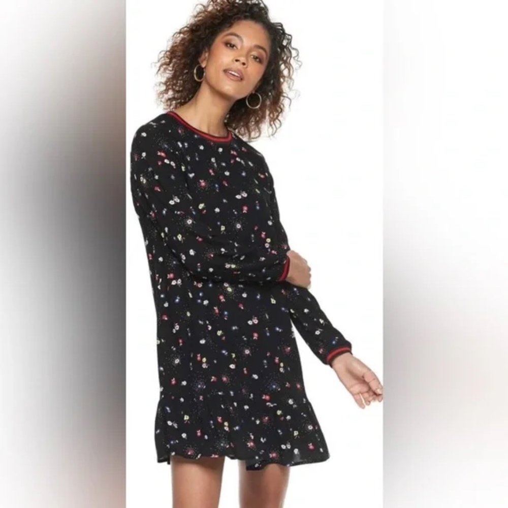 Women's Pop Sugar Black Floral Flounce Hem Long Sleeve Dress Size M EUC
